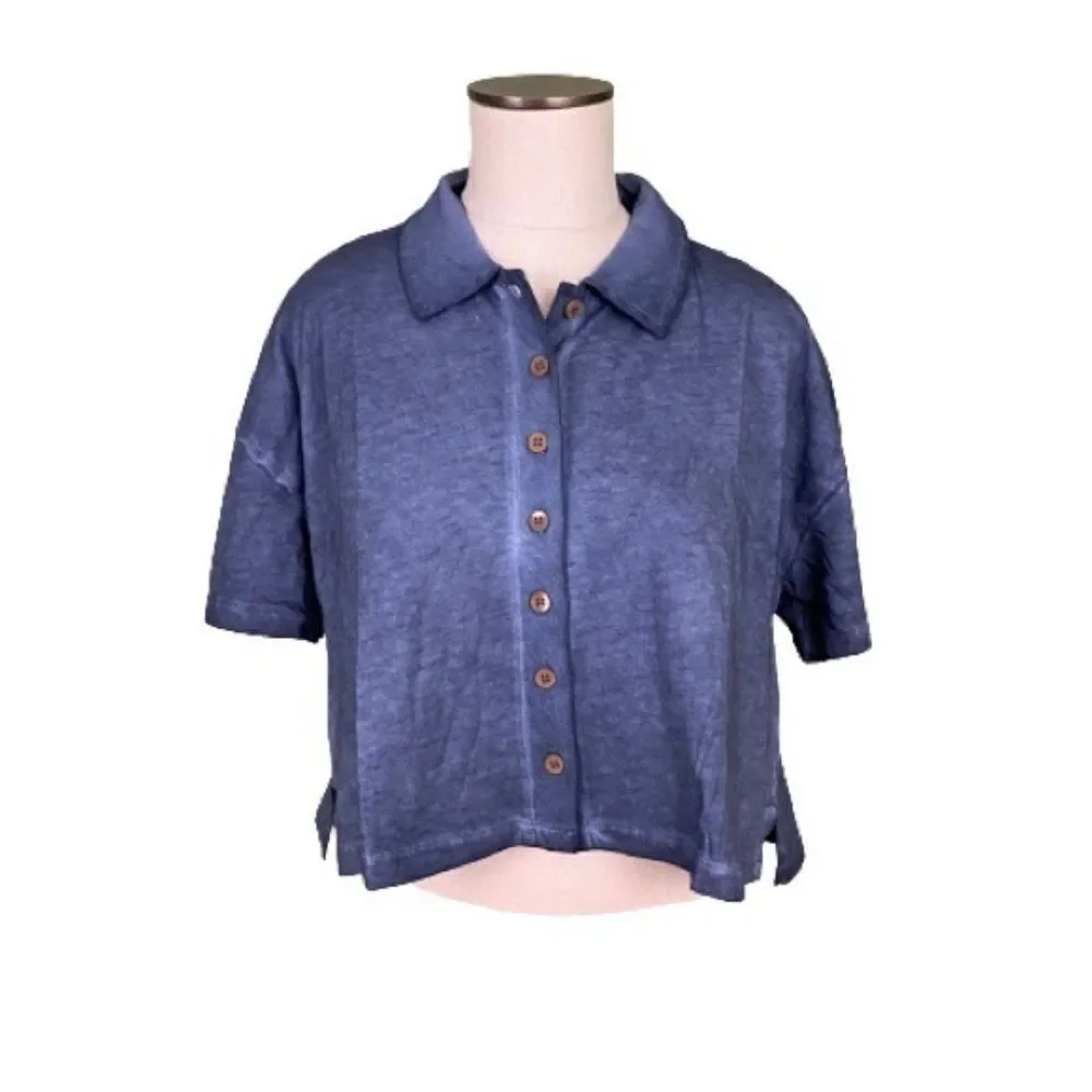 Free People Weekend Rush Short Sleeve Top Navy - Size Small